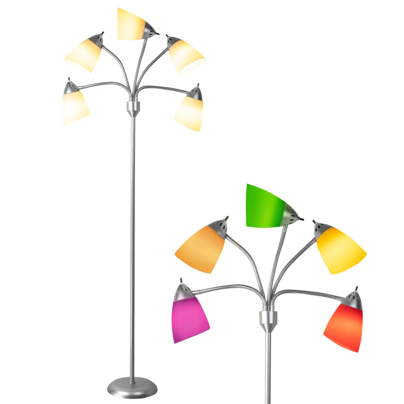 Depuley - Lámpara de pie para lectura de 5 luces, lámpara de pie LED con 5 pantallas de colores, lámpara de pie multi-luz con cuello de cisne ajustable para salón, dormitorio, plata, base E26