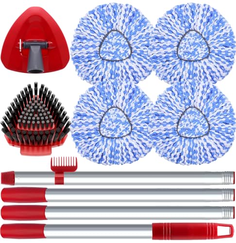 Fatmass Spin Mop Head and Brush Replacement Compatible with O Cedar RinseClean 2-Tank System, 4 Mop Replace Heads, 1 Handle, 1 Base and 1 Scrub Brush Combo Set