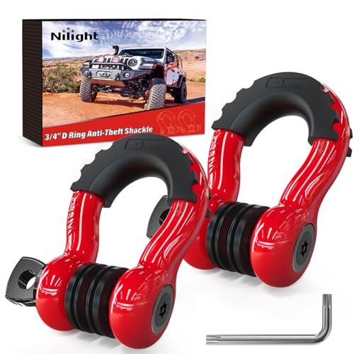 Image of Nilight 3 /4 inch D Ring Shackle 2 Pack 19T (41,887 lbs) Break Strength 4.75T WLL Heavy Duty Towing Hook with Anti-Theft System Anti-Rattle Isolators for Truck Jeep SUV ATV UTV Recovery Red