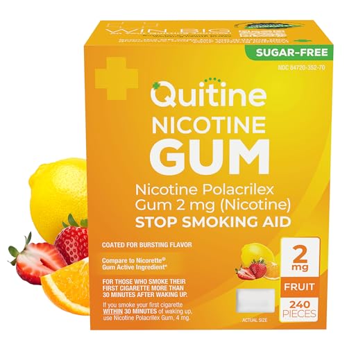 Quitine Nicotine Gum 2mg, Fruit Flavor, Stop Smoking Aid – Relieve Nicotine Cravings with Effective, Affordable NRT | Long-Lasting Flavor, 240 Count, Traditional Gum to Support Your Quit Journey