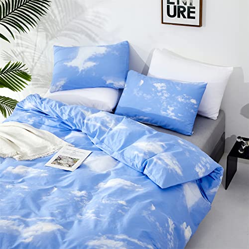 Image of KAREVER Blue Cloud Comforter Set Cal King Size Sky Theme Bedding Women 3 Pieces Soft Light Blue California King Plus Size Bed Blanket Set All Season