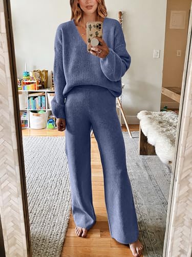 ANRABESS Women 2 Piece Outfits Sweater Lounge Sets Long Sleeve Cable Knit Pullover and Wide Leg Pants Tracksuit Matching Set2