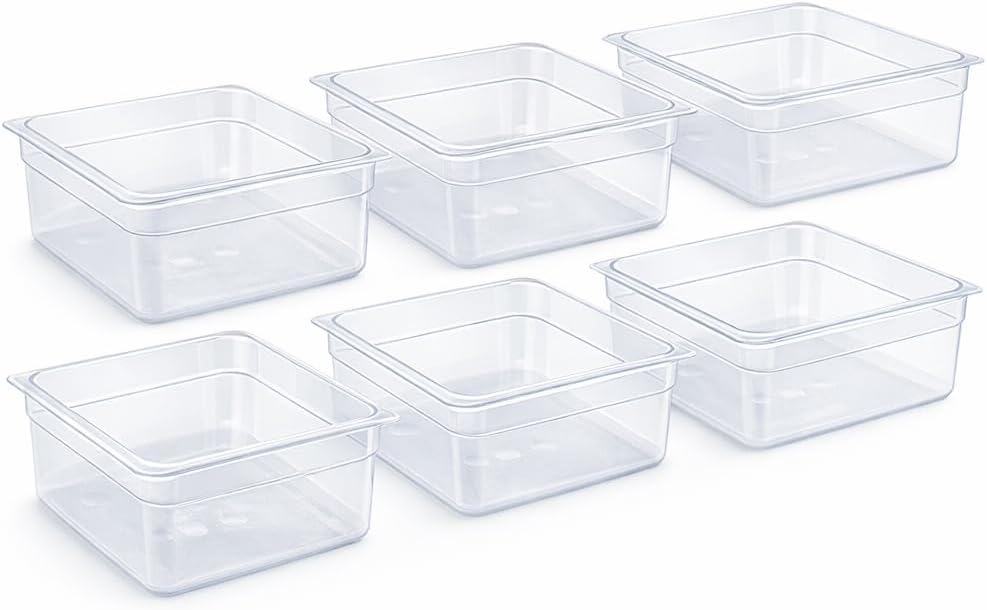 CORONA Food Service Pans 1/1 Size 6" Deep 6-Pack Transparent Polycarbonate Dishwasher & Freezer Safe,Container for Prep Tables, Displays, Buffet. NO LIDS