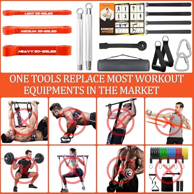 Detachable Resistance Bar with 3 Stackable Bands & Door Anchor - 500LBS Heavy Duty Home Gym Kit, Portable Full Body Workout Equipment (90cm Bar, Workout Guide)