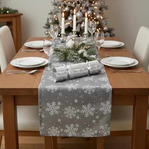 Baluue Christmas Table Runner, White Snowflake Pattern Linen