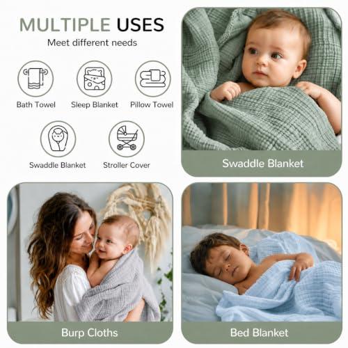 Image of Momsnug 3-Pack Muslin Hooded Baby Towels, Green + Grey + Blue, 35 inch X 35 inch | 100% Cotton, Ultra-Soft & Highly Absorbent ,Quick-Dry for Delicate Skin, For Babies, Toddler and Newborn