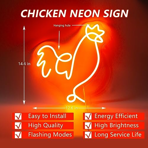 Image of Chicken Neon Sign For Wall Decor Bedroom Led Lights, Draw Art Decor Neon Signs Aesthetic Operated Light For Door Decorations, Drawing Room Accessories Neon Sign