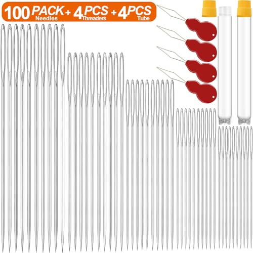 Image of 100 Pack Premium Large Eye Needles for Hand Sewing with Needle Threaders, Assorted Sizes, Embroidery Needles for Hand Sewing, Sewing Needles Large Eye, Big Eye Needle