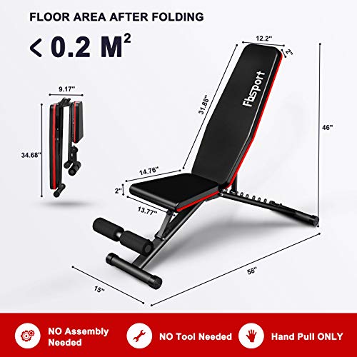 FBSPORT Weight Bench, Adjustable Strength Training Workout Bench , Bench Press for Home Gym Full Body Exercise, Incline Decline Weight Bench Foldable Workout Bench with Bands, Red