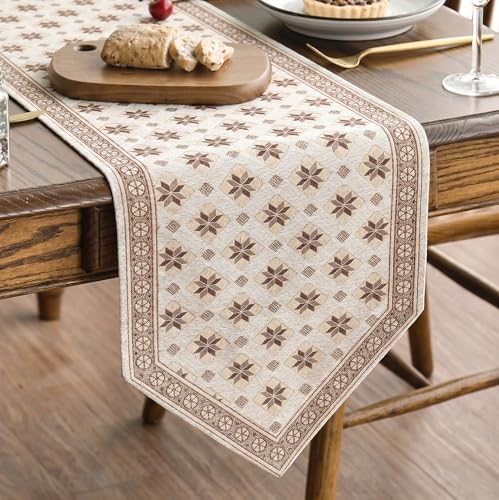 Image of Premium Dining Table Runner | Washable Farmhouse Style Heat Resistant Table Cover for 4 & 6 Seater | Elegant Home & Coffee Table Decor | Soft Viscose Rayon & Cotton | 13x72 Inch | Beige
