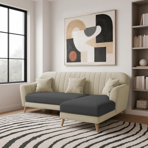 Image of Atticus RHS 4 Seater L Shape Sofa Set with Ottoman for Living Room (Cream Black Fabric) Premium Fabric Sofa Set