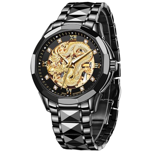 JSDUN Men's Watch Automatic Mechanical Hollow Dragon Watch Luxury Formal Gold Diamond 50M Waterproof Tungsten Steel Luminous Watch