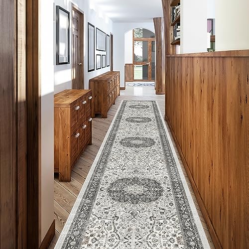 Hallway Washable Runner Rug - 2'6x12 Kitchen Rugs Entryway Rug Runner Vintage Soft Floor Mat Non Slip Indoor Farmhouse Carpet for Bathroom Living Room Bedroom (2'6''x12', Grey)