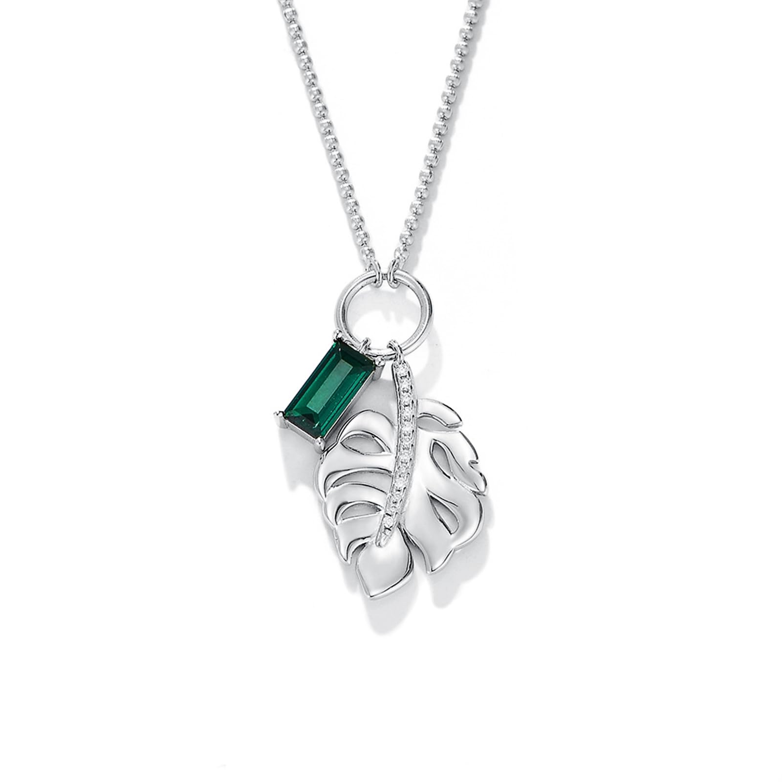 Ciondolo per Collana Oro Bianco 18k/14k/9k, Collane Donna Pendente Fiore con Smeraldo Sintetico e Diamante, Catena Regolabile 40+5 cm