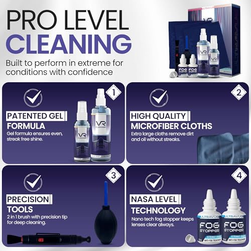 UltraVue Kit de limpieza VR y tratamiento antivaho – Incluye aerosoles de gel limpiador de realidad virtual, paños de microfibra, tratamientos anti gotas antiniebla, cepillo y vejiga de aire con - imagen 5