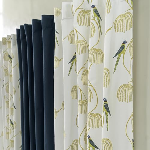 Image of Tranquebar Curtain Co. Window Curtains 5 Feet, 60-65% Room Darkening,Blue Bird Print, Cotton Curtains for Window,Cotton Curtains 5 Feet Set of 3, BackTab Loops, Mithu Green Combo (152 cm) - Set of 3