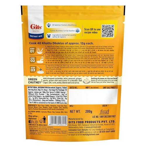 Image of Gits Instant Khatta Dhokla Snack Mix, Makes 40 Per Pack, Pure Veg, Indian Snack Mix, 200g