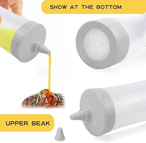 Vista 4 de DOERDO - 3 botellas de plástico para salsa, condimentos, ensaladas, aderezos, salsa de tomate, aceite de oliva, barbacoa, 12 onzas con tapa (gris)