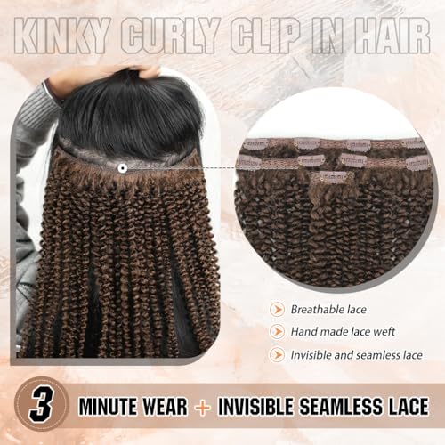 4Pcs Afro Kinky Curly Clip in Hair Extensions Real Human Hair, 10 Inch 50g Chestnut Brown, Lace Invisible Seamless & Thicken, 4B 4C Remy Clip Ins for Women — view 3