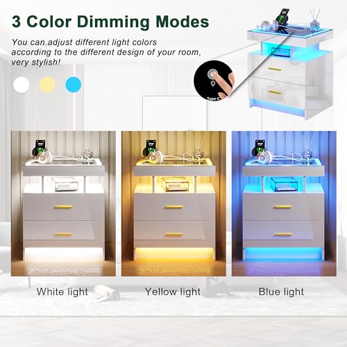 Image of HNEBC Auto LED Nightstand Set of 2, White Night Stand with Charging Station & USB Ports, High Gloss Bedside Table has 2 Drawers,Modern End Side Table for Bedroom (White)