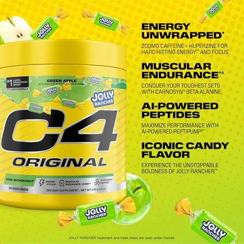 Image of C4 Original Pre Workout - Jolly Rancher Green Apple - Pre-Workout for Endurance, Focus & Performance with 200mg Caffeine, Beta-Alanine, Creatine Nitrate, L-Arginine & PeptiPump - 30 Servings