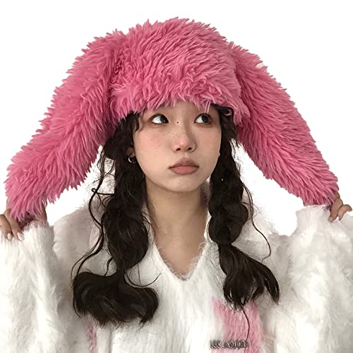 Topwon Bunny Ears Hat Plush Faux Fur Fluffy Rabbit Cap Dress Up Costume Headgear Winter Beanie (Pink)