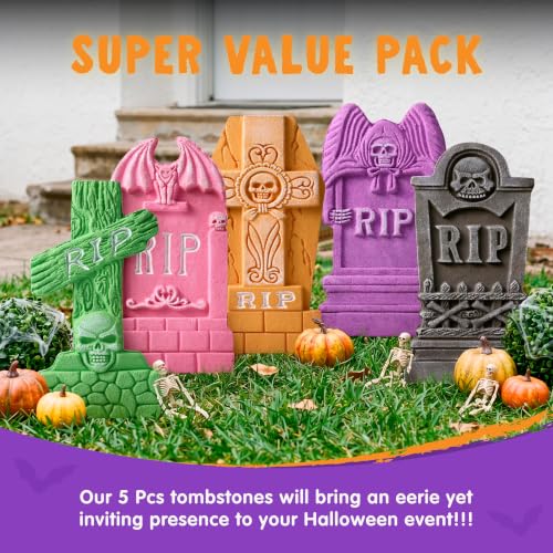 Image of JOYIN 17 inch Halloween Foam Tombstones (5 Pack), Colorful RIP Graveyard Tombstones Decorations Outdoor with Metal Stakes for Yard Lawn Garden Halloween Party Decor