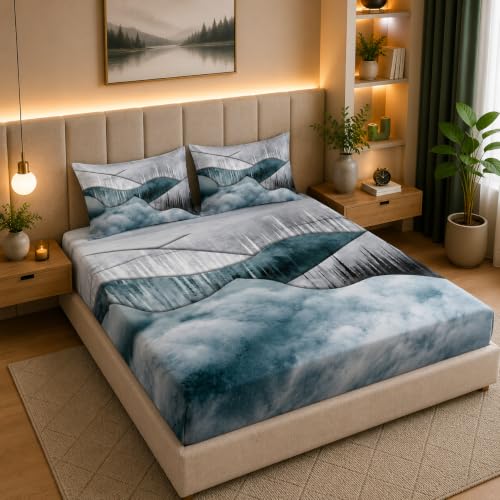 Image of 7D Digital Printed King Size Bedsheet with 2 Pillow Covers | Soft Premium Cotton Feel Microfiber Double Bed Bedsheet | Wrinkle Free & Fade Resistant | (LightBlue, King Size - 90 x 100)