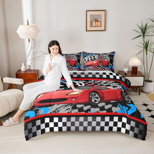 Image of Feelyou Boys Race Car Bedding Set Cool Race Sports Car Set Comforter Set for Kids Boys Sports Theme Duvet Set Checkered Comforter Red 1 Comforter Set with 1 Pillowcase Twin Size