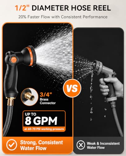 Image of SUNPOW Retractable Garden Hose Reel - 1 /2 inch x 50ft Heavy Duty Wall Mounted Hose Reel with 3 /4 inch Brass Fitting & 10 Sprayer Nozzle - Any Length Lock, Auto Rewind System, 180Swivel Bracket- Grey