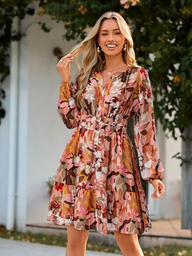 Image of Simplee Womens Spring Floral Mini Dress Long Sleeve Boho Chiffon Short Dress Casual Flowy Fall Wedding Guest Dresses