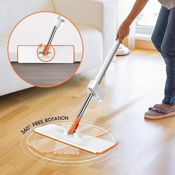 Image of Veloxi Flat Microfiber Magic Mop for Floor Cleaning | Hands-Free Self Squeeze Mop with Stainless-Steel Handle & Washable Microfiber Refill (O Mop)