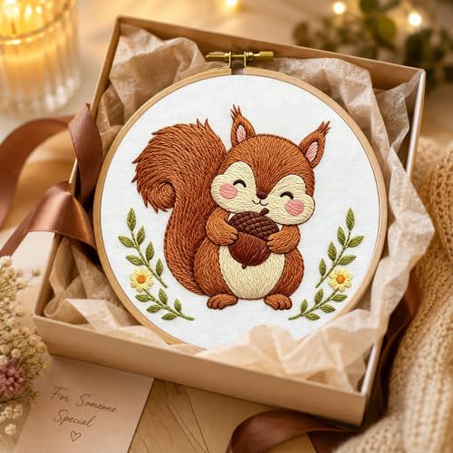 Image of Nuberlic Embroidery Kit for Beginners Stamped Squirrel Needlepoint | Stamped Animal Embroidery Starter Kit for Adults Complete Cross Stitch Kit Home Decor, Gifts And Relaxing Art
