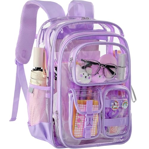 Image of Clear Backpack with Pencil Case, Heavy Duty PVC Transparent Backpack with Oxford Cloth Bottom & Reflective Strips for Primary College Work Stadium Concert Festival