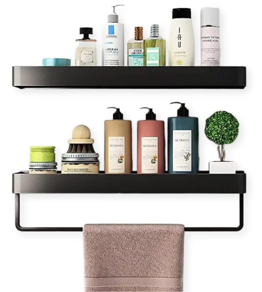 Tisany 2 Tiers Ms Steel Powder Coated Multipurpose Bathroom Shelf Bathroom Shelf Black Corner Shelf Wall Mounted Storage Shelves with Black Metal Frame and Towel Rack and Two Hooks for Bathroom, (B0BRG4RBHN) Amazon Price History, Amazon Price Tracker