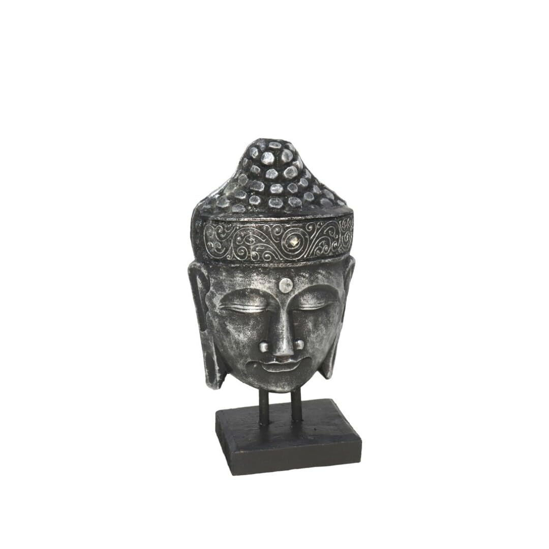 Estatua Decorativa de Buda,30 cm, Cabeza de Madera Plateada con Base, Estilo Zen Asiático para Hogar