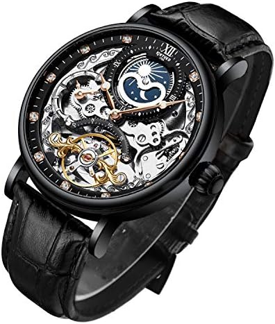 IK Colouring Bestn Wristwatches for Men self-Winding Allochroic Luminous Hands Skeleton Mechanical Black Watch Leather black①