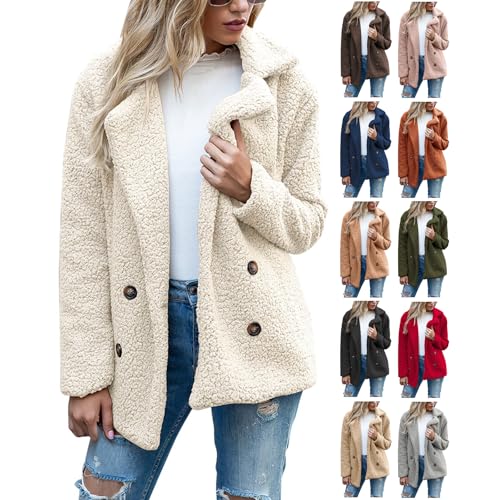 Women's Winter Coats Trendy Double Breasted Fuzzy Fleece Jackets Ladies Faux Fur Casual Fall Jacket Outwear