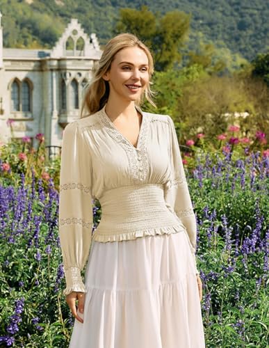 Scarlet Darkness Women's Renaissance Peasant Blouse V Neck Lantern Sleeve Lace Smocked Tops3