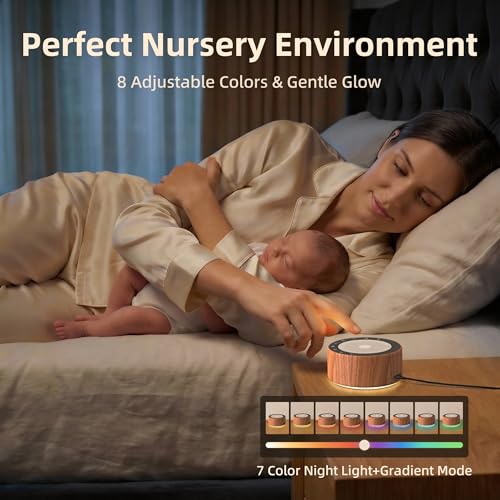 Image of Kipcush White Noise Machine for Baby & Adults, 30 Soothing Sounds, Soft Non-Glare Nursery Lamp, 8 Color Night Lights, Memory Function (Angel V5 Wooden, Standard)