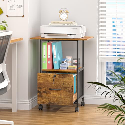 ThreeHio Small Filing Cabinet with Lock, Printer Stand with File Storage, Rolling Locking File Cabinet with Drawer Vertical File Cart with Wheels, Lockable Filing Cabinet for Home Office
