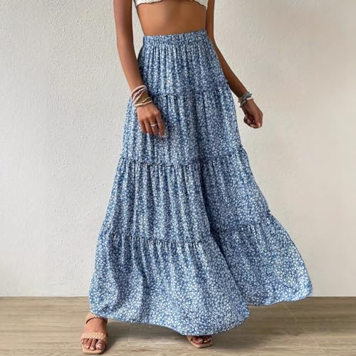 Women's Long Skirts Small Floral Elastic Waistband Three Layer Splicing A line Pleated Big Swing Dresses for Women3