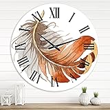 DesignQ - Orologio da parete stile bohémien ed eclettico con piume di uccello etnico arancioni, grande orologio da parete per soggiorno, decorazione