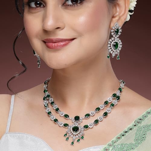 Image of ZENEME Rhodium-Plated American Diamond Studded Star Shaped Layered Necklace With Earrings Jewellery Set For Girls and Women