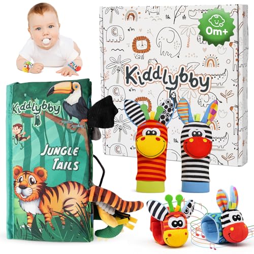 Kiddlybby Set Sensorial Premium para Bebés 0-12 Meses: Libro de Tela Interactivo Jungle Tails + Calcetines y Muñequeras con Sonajeros | Estimulación Temprana Multisensorial | Regalo Educativo