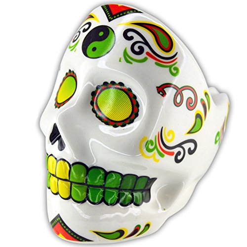 Novelty Inc. Ceramic Glazed Sugar Skull Ashtray with Built-in Cigarette Snuffer - Yin