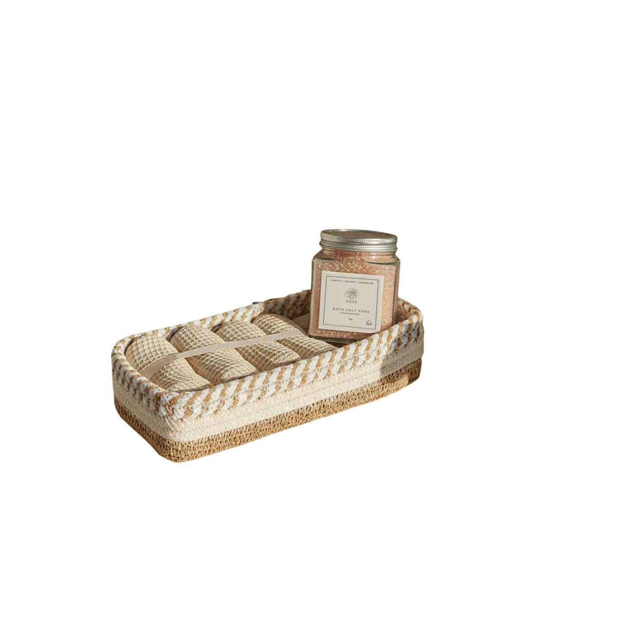 DENOVA Cotton Face Towel and Bath Salt Set of 5 with storage tray, premium Gift hapmer Ideal for Valentine’s Day, birthdays, housewarmings Cream, Beige and Natural