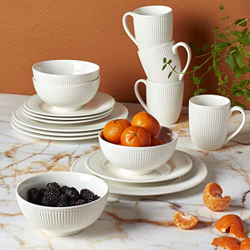 Image of Tabletops Gallery Embossed Bone White Porcelain Round Dinnerware Collection- Chip Resistant Scratch Resistant, Fleur 16 Piece Dinnerware Set (Dinner Plate, Salad Plate, Cereal Bowl, Mug)
