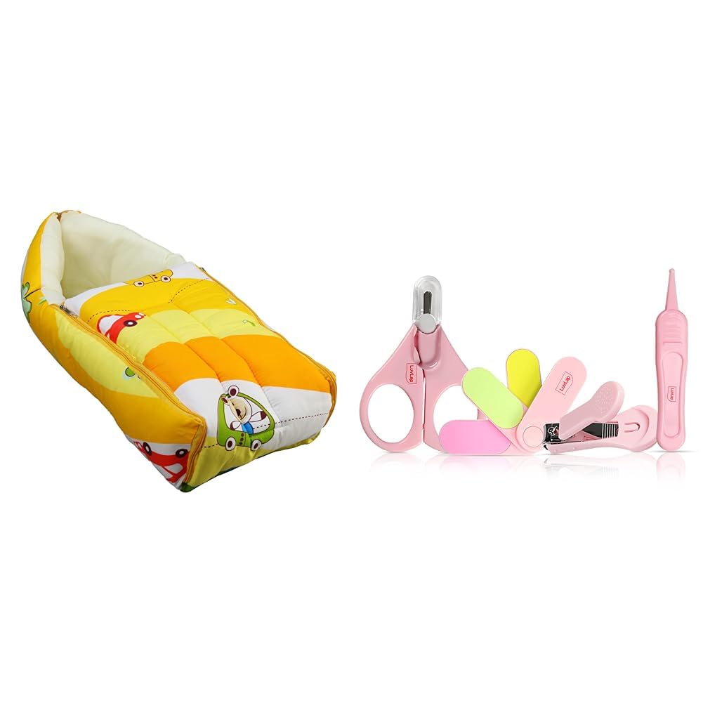 LuvLap 3 in 1 Baby Bed, Sleeping Bag & Carry Nest, 0M+ (Cars Print, Multicolour) & Luv Lap Baby Grooming - Manicure Set, 4pcs, Pink, 0m+