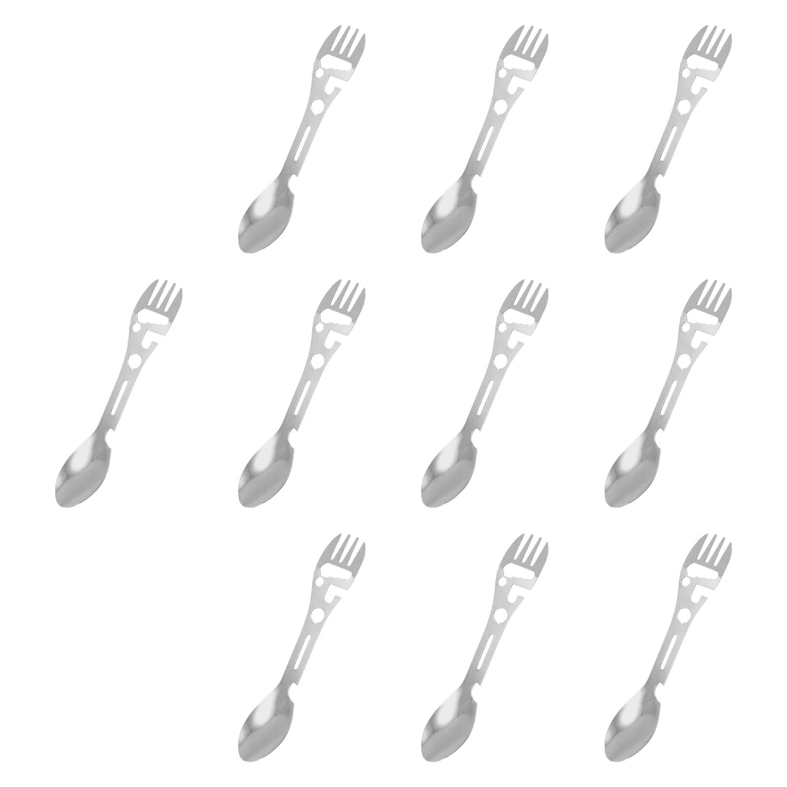 Yiju 10Pcs Multifunction Camping Spork Fork & Eating Tool Cutlery Wrench Can and Bottle Opener for Picnic Traveling Camping, Silver